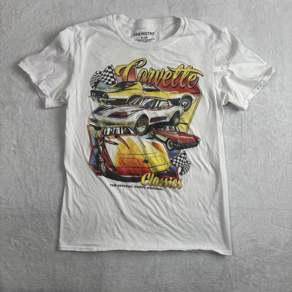 Chemistry GM Corvette Classics Chevy White Short Sleeve Graphic Shirt Mens Small
